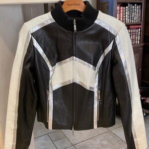 Bebe Leather Moto Jacket Black White Metallic Silver Size Medium 1990s
